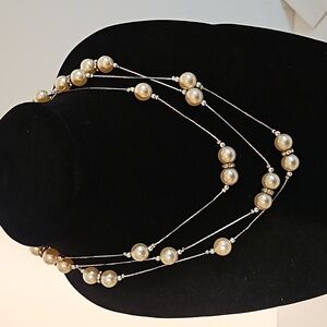 60" Rhinestone & Faux Pearl on Silvertone Necklace